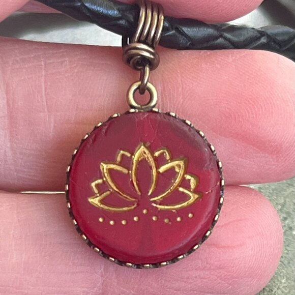 Braided Leather Necklace, Red Lotus Pendant, Women's Men's Layering Necklace - Picture 2 of 6